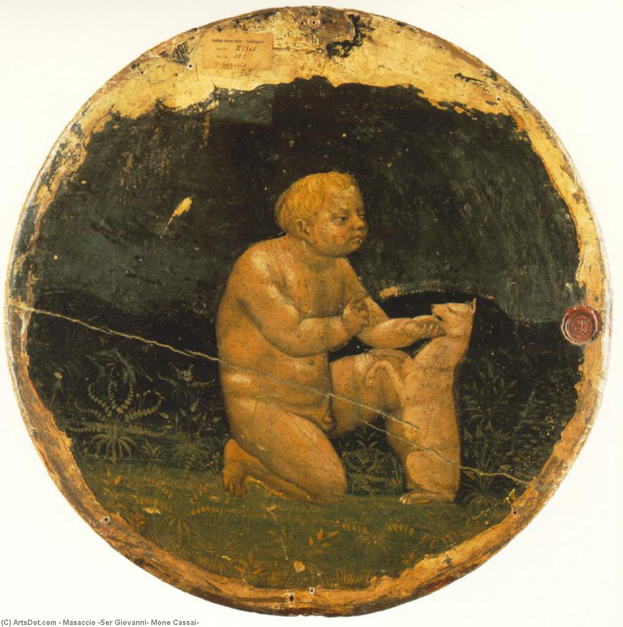 WikiOO.org - Encyclopedia of Fine Arts - Lukisan, Artwork Masaccio (Ser Giovanni, Mone Cassai) - Putto and a Small Dog (back side of the Berlin Tondo)