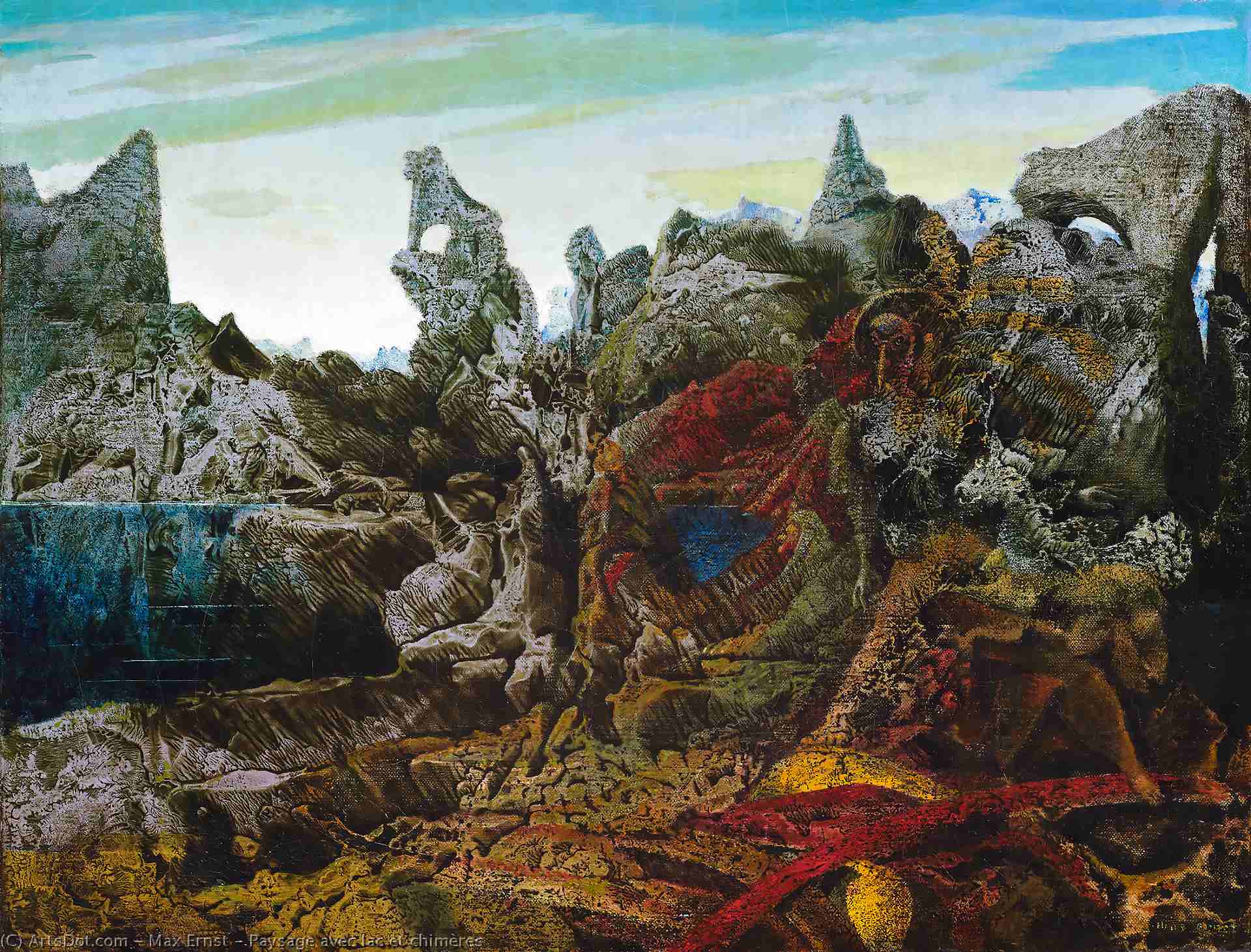 Wikioo.org - The Encyclopedia of Fine Arts - Painting, Artwork by Max Ernst - Paysage avec lac et chimères
