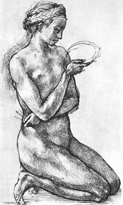Wikioo.org - The Encyclopedia of Fine Arts - Painting, Artwork by Michelangelo Buonarroti - Nude Woman on her Knees