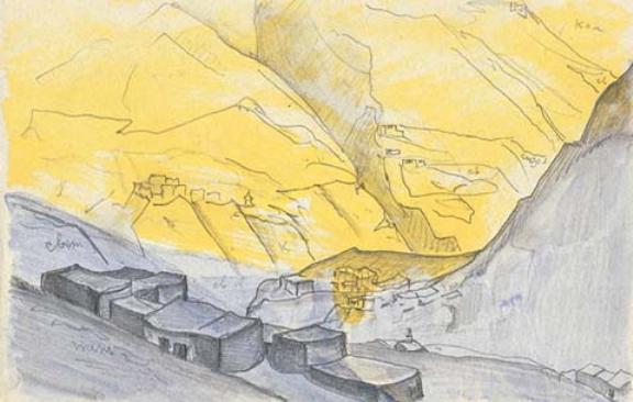 Wikioo.org - The Encyclopedia of Fine Arts - Painting, Artwork by Nicholas Roerich - Sketch of Thubchiling village in Lahul