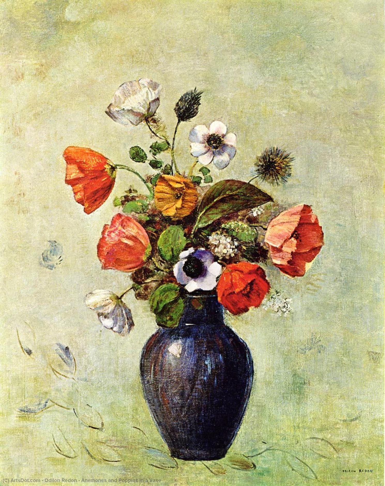 Wikioo.org - The Encyclopedia of Fine Arts - Painting, Artwork by Odilon Redon - Anemones and Poppies in a Vase