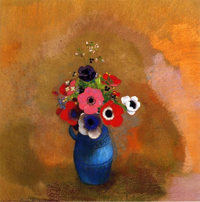 Wikioo.org - The Encyclopedia of Fine Arts - Painting, Artwork by Odilon Redon - Anemonies In A Blue Vase