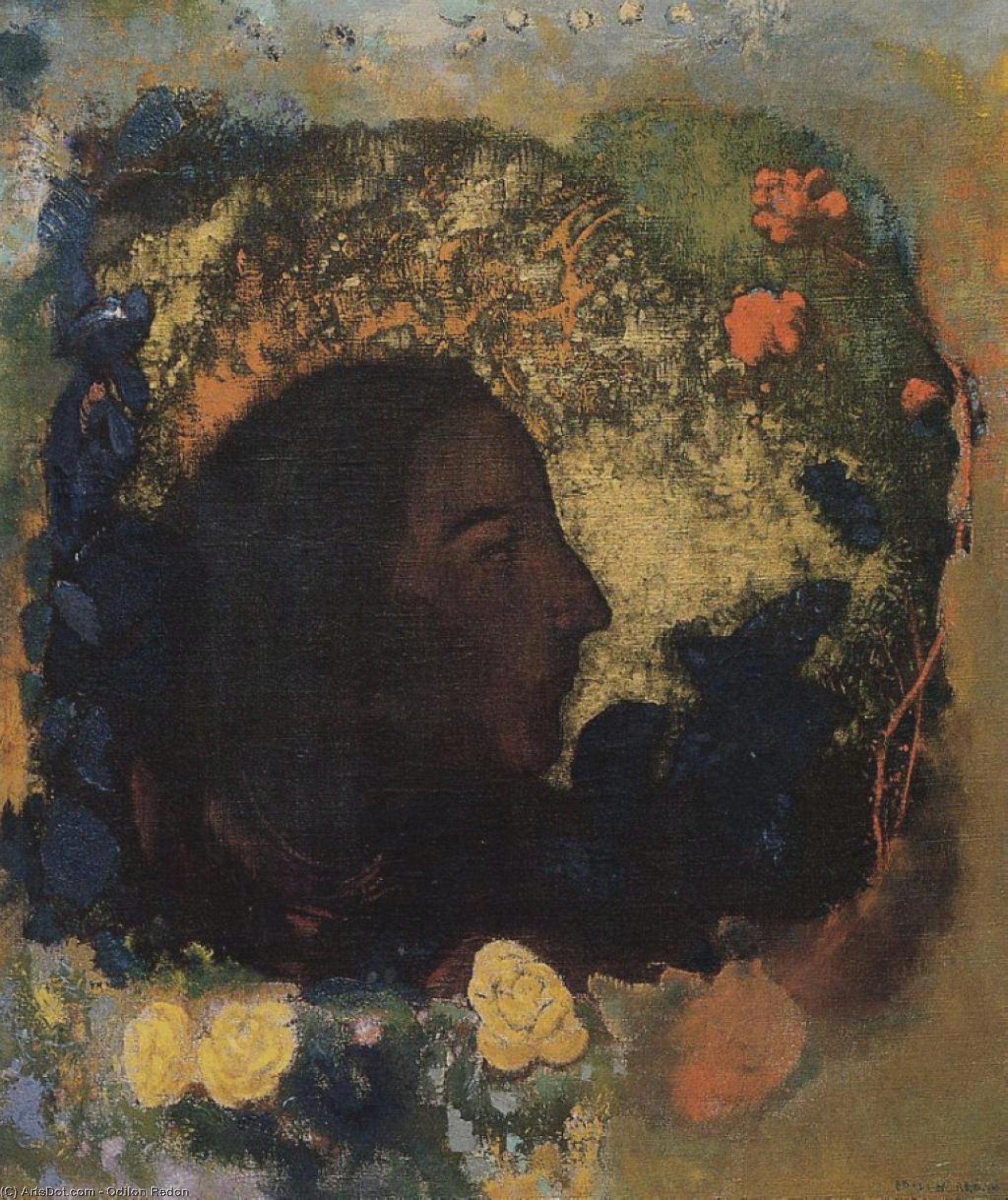 Wikioo.org - The Encyclopedia of Fine Arts - Painting, Artwork by Odilon Redon - Black Profile (Aka Gauguin)