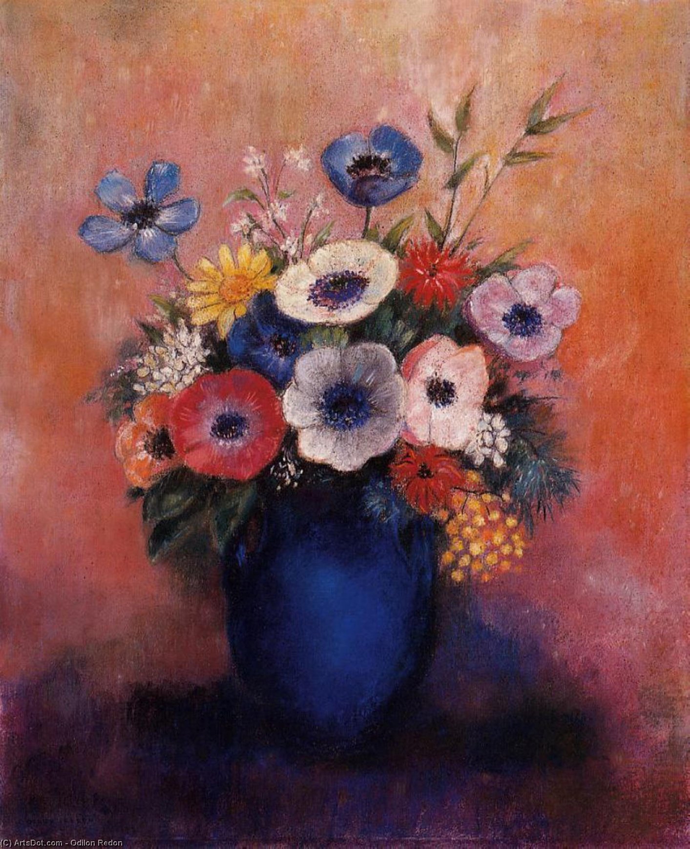 WikiOO.org - Enciclopedia of Fine Arts - Pictura, lucrări de artă Odilon Redon - Bouquet of Flowers in a Blue Vase