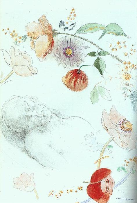 Wikioo.org - The Encyclopedia of Fine Arts - Painting, Artwork by Odilon Redon - Bust of a Man Asleep amid Flowers