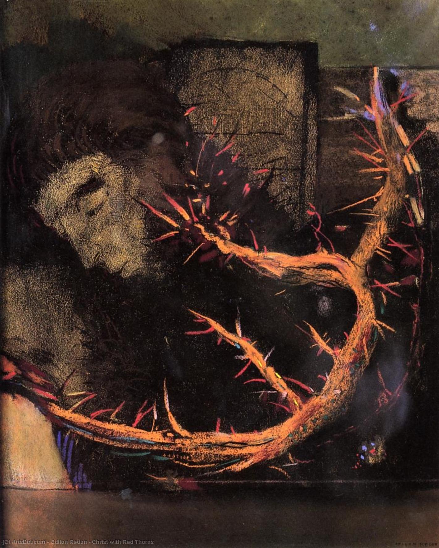 Wikoo.org - موسوعة الفنون الجميلة - اللوحة، العمل الفني Odilon Redon - Christ with Red Thorns