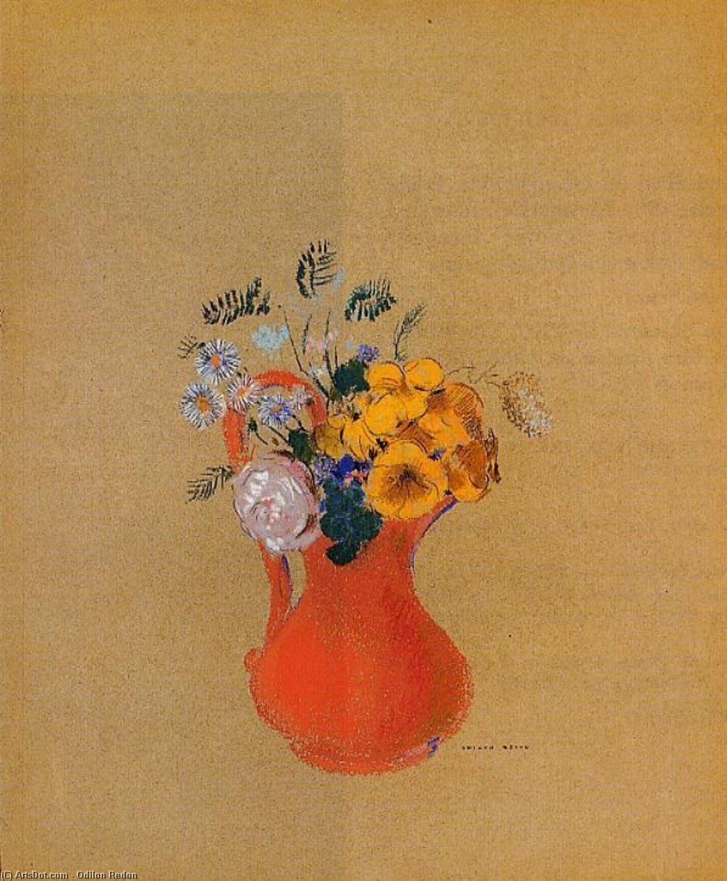 Wikioo.org - The Encyclopedia of Fine Arts - Painting, Artwork by Odilon Redon - Flowers in a Red Pitcher