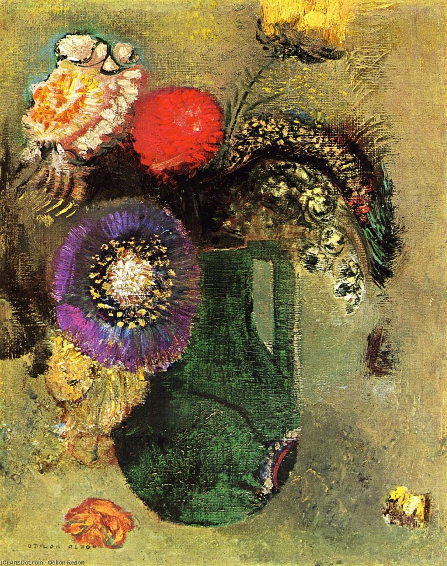 Wikioo.org - The Encyclopedia of Fine Arts - Painting, Artwork by Odilon Redon - Flowers in Green Vase with Handles