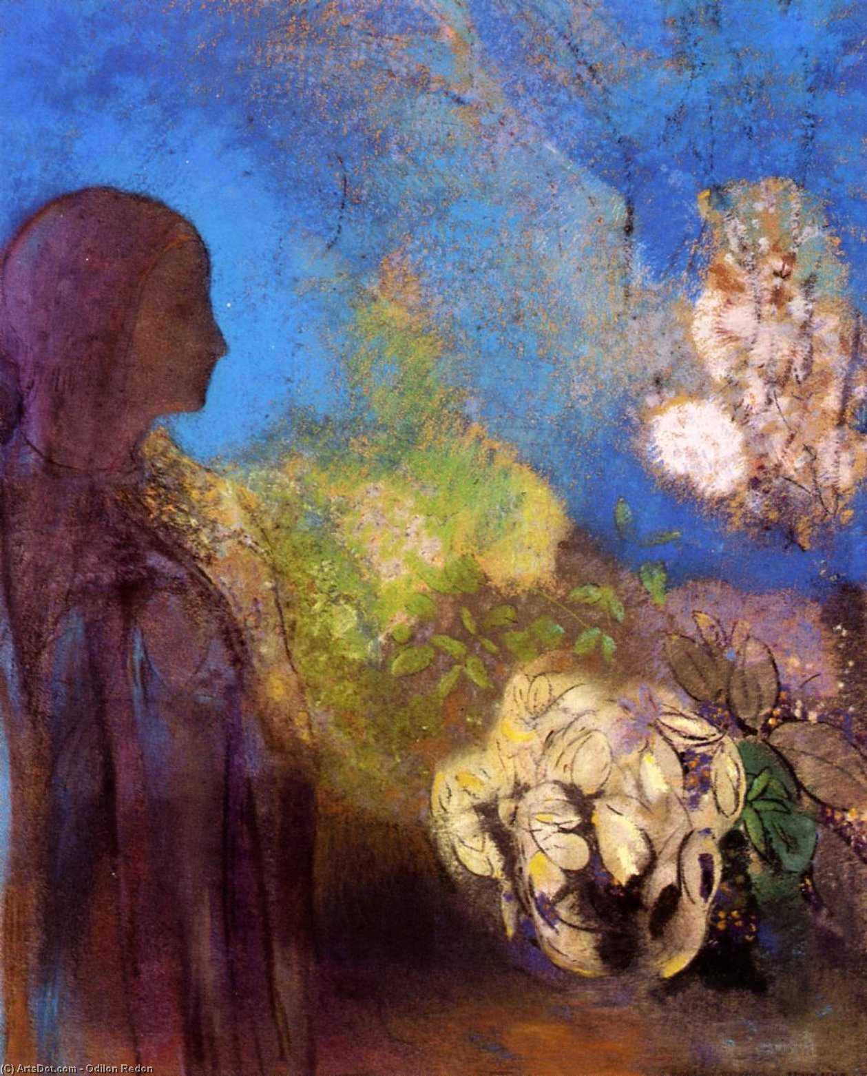 Wikoo.org - موسوعة الفنون الجميلة - اللوحة، العمل الفني Odilon Redon - Girl with Chrysanthemums