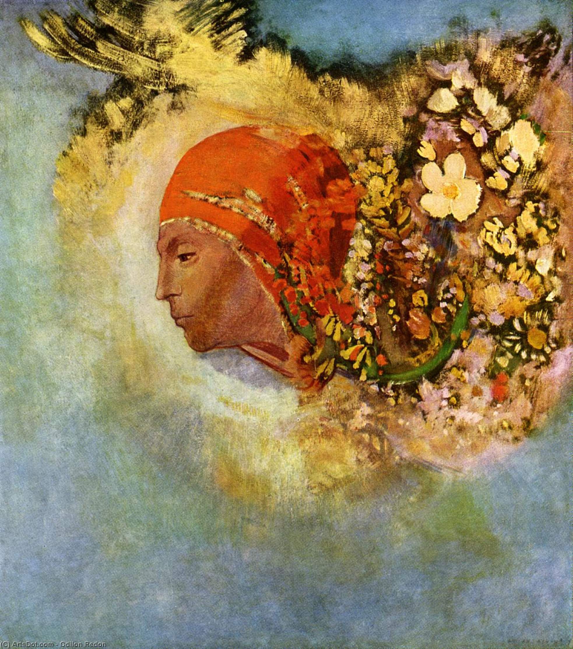 Wikioo.org – La Enciclopedia de las Bellas Artes - Pintura, Obras de arte de Odilon Redon - Cabeza con Flores