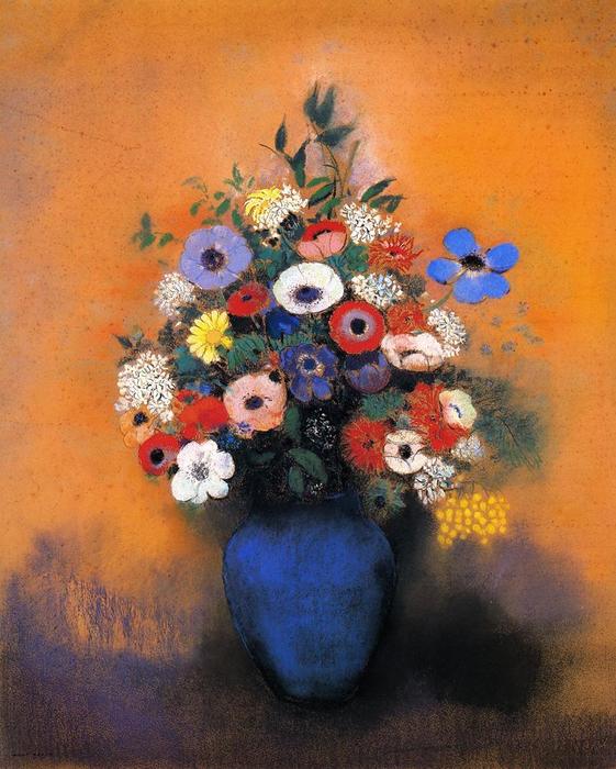 Wikioo.org - The Encyclopedia of Fine Arts - Painting, Artwork by Odilon Redon - Minosas, Anemonies and Leaves in a Blue Vase