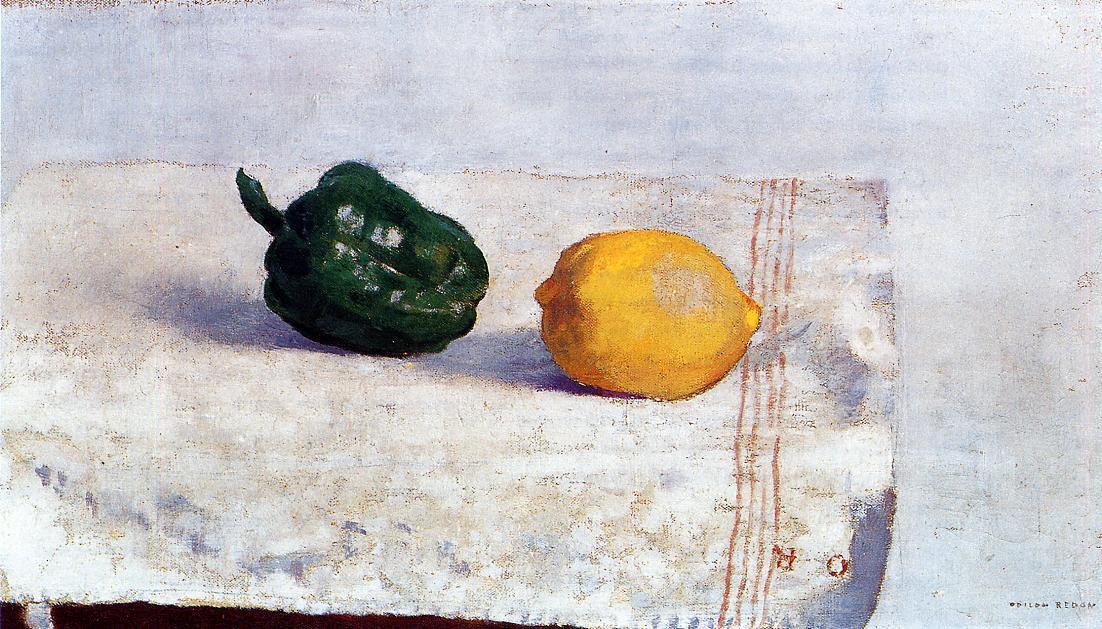 WikiOO.org - Encyclopedia of Fine Arts - Lukisan, Artwork Odilon Redon - Pepper and Lemon on a White Tablecloth