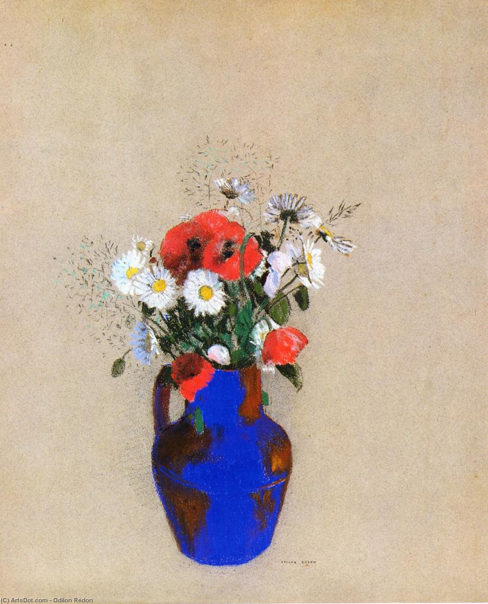 Wikioo.org - The Encyclopedia of Fine Arts - Painting, Artwork by Odilon Redon - Poppies and Daisies in a Blue Vase