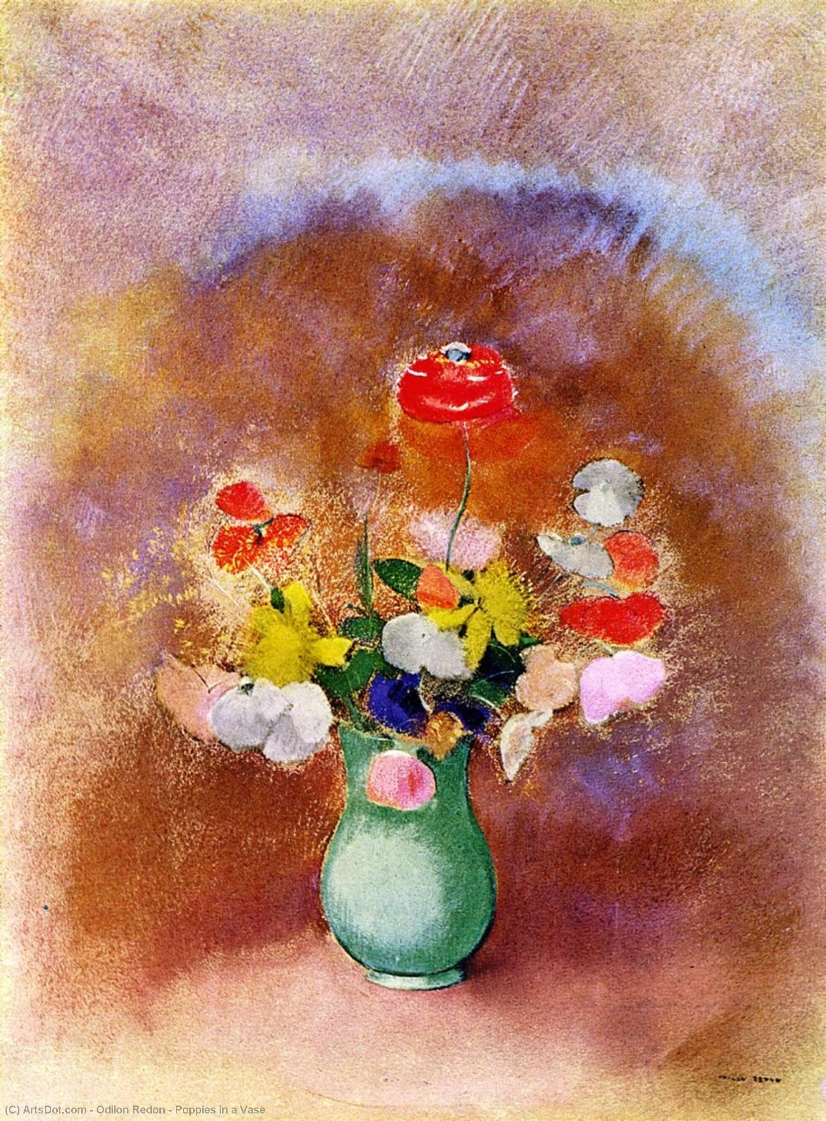 Wikioo.org - The Encyclopedia of Fine Arts - Painting, Artwork by Odilon Redon - Poppies in a Vase