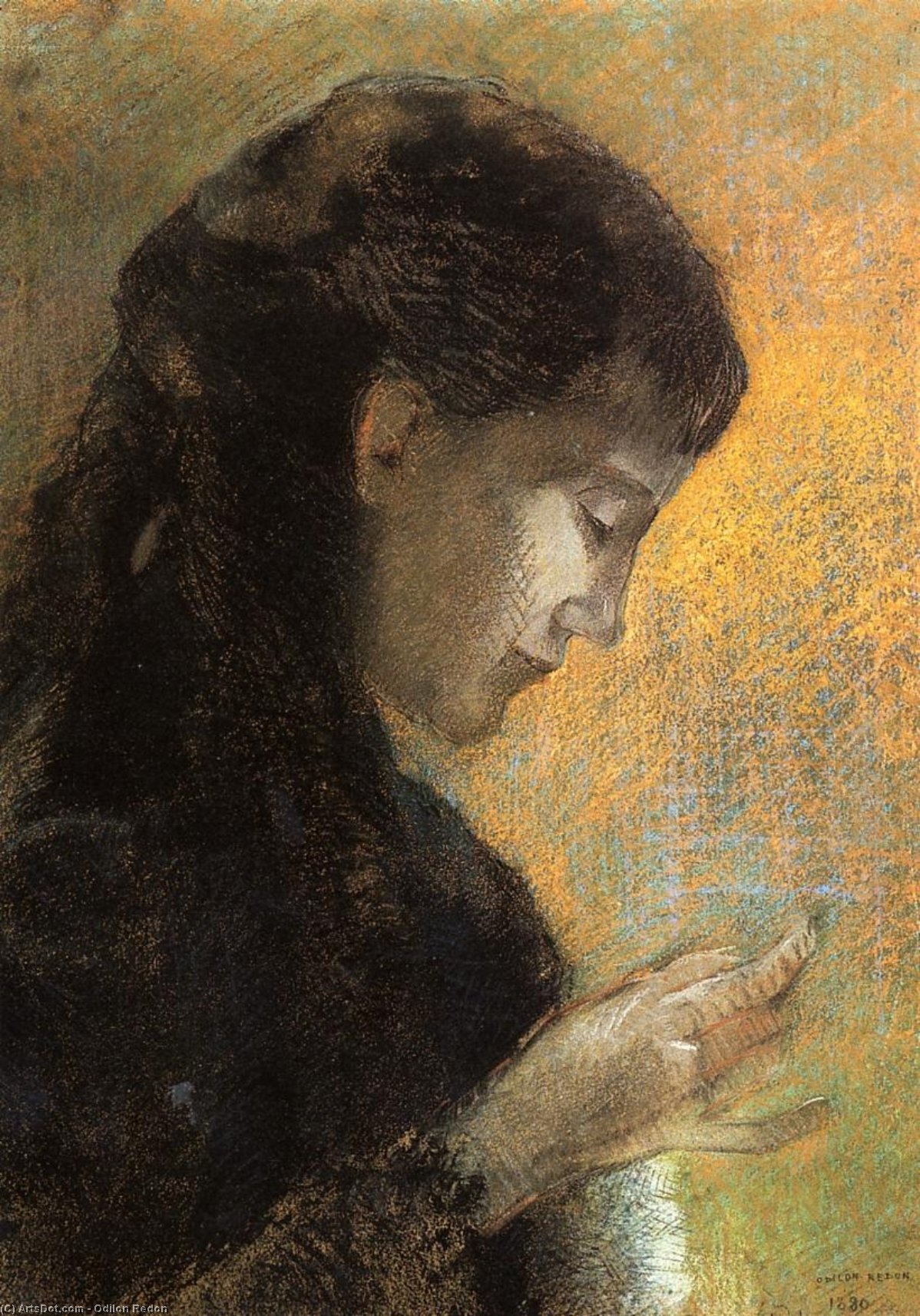 Wikoo.org - موسوعة الفنون الجميلة - اللوحة، العمل الفني Odilon Redon - Portrait of Madame Redon Embroidering