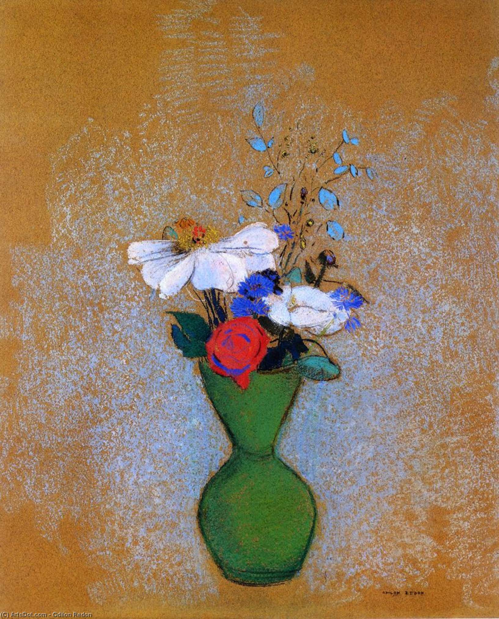 WikiOO.org - Encyclopedia of Fine Arts - Lukisan, Artwork Odilon Redon - Rose, Peony and Cornflowers in a Green Vase