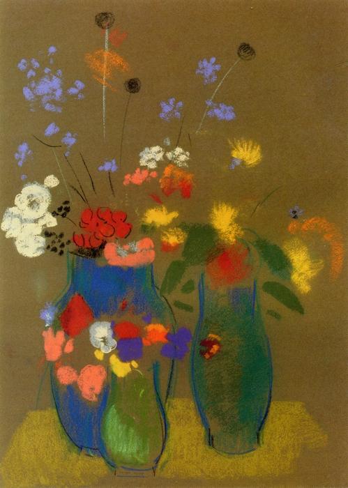 Wikioo.org - The Encyclopedia of Fine Arts - Painting, Artwork by Odilon Redon - Three Vases Of Flowers 1