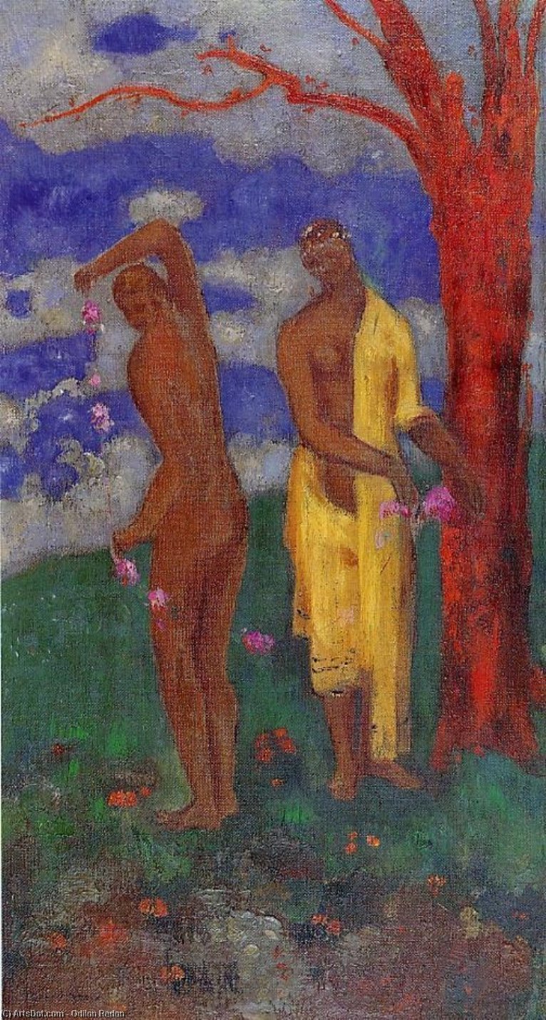 Wikioo.org - The Encyclopedia of Fine Arts - Painting, Artwork by Odilon Redon - Two Women under a Red Tree