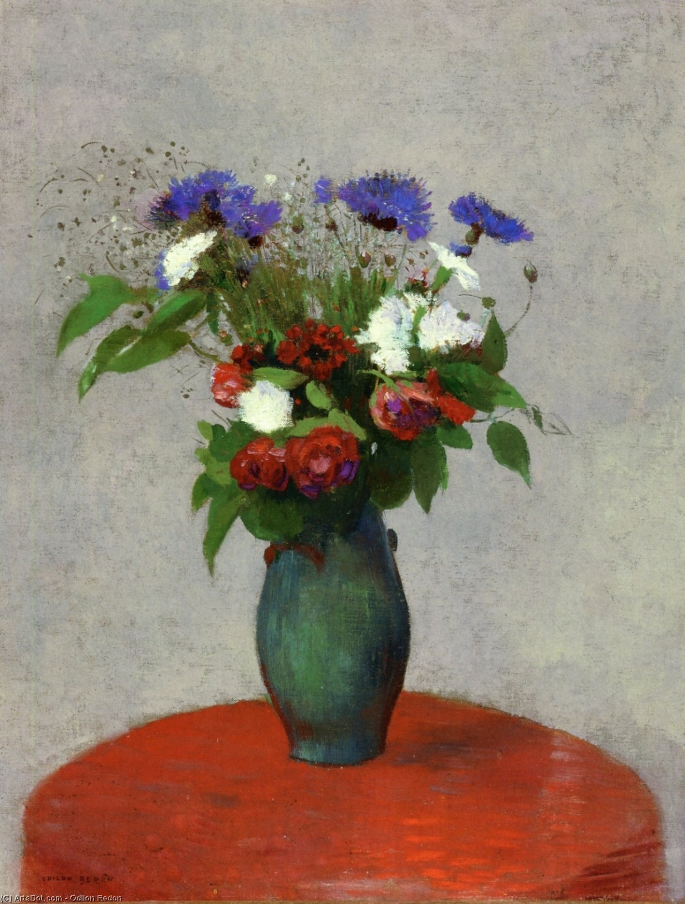 Wikioo.org – La Enciclopedia de las Bellas Artes - Pintura, Obras de arte de Odilon Redon - jarrón de flores en  Un  rojo  Mantel
