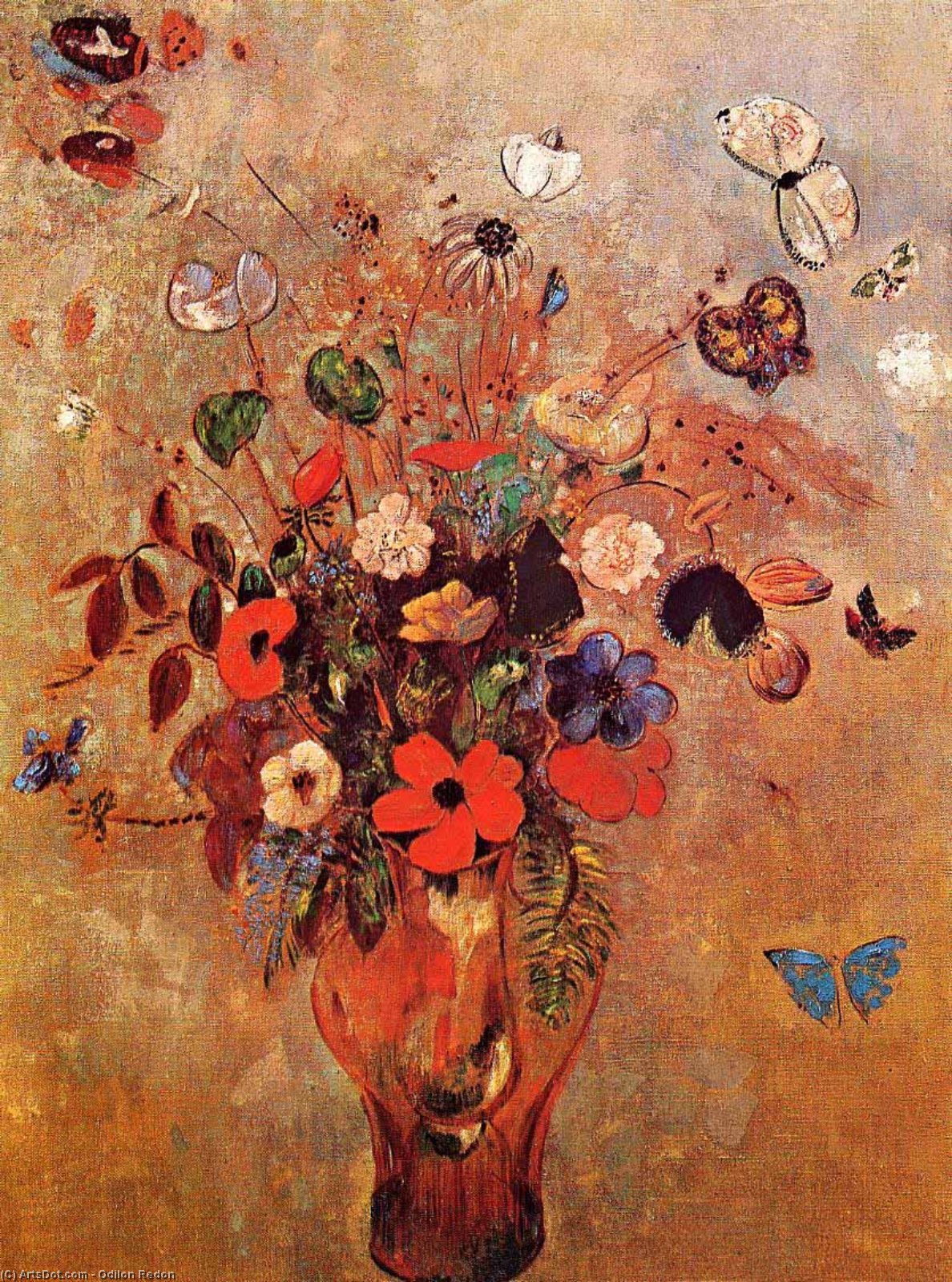 Wikoo.org - موسوعة الفنون الجميلة - اللوحة، العمل الفني Odilon Redon - Vase with Flowers and Butterflies