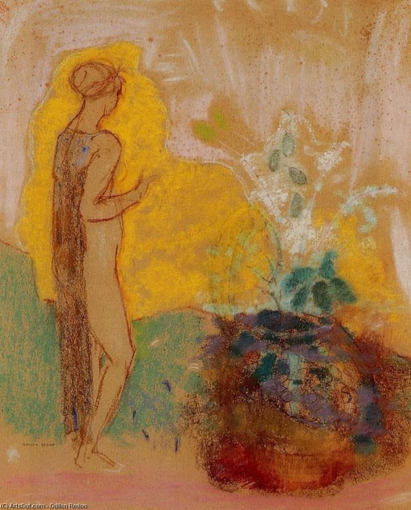 WikiOO.org - Encyclopedia of Fine Arts - Lukisan, Artwork Odilon Redon - Woman and Stone Pot Full of Flowers
