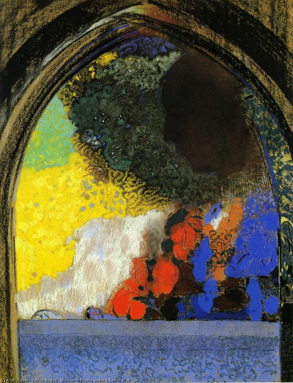 Wikioo.org - The Encyclopedia of Fine Arts - Painting, Artwork by Odilon Redon - Woman in Profile under a Gothic Arch