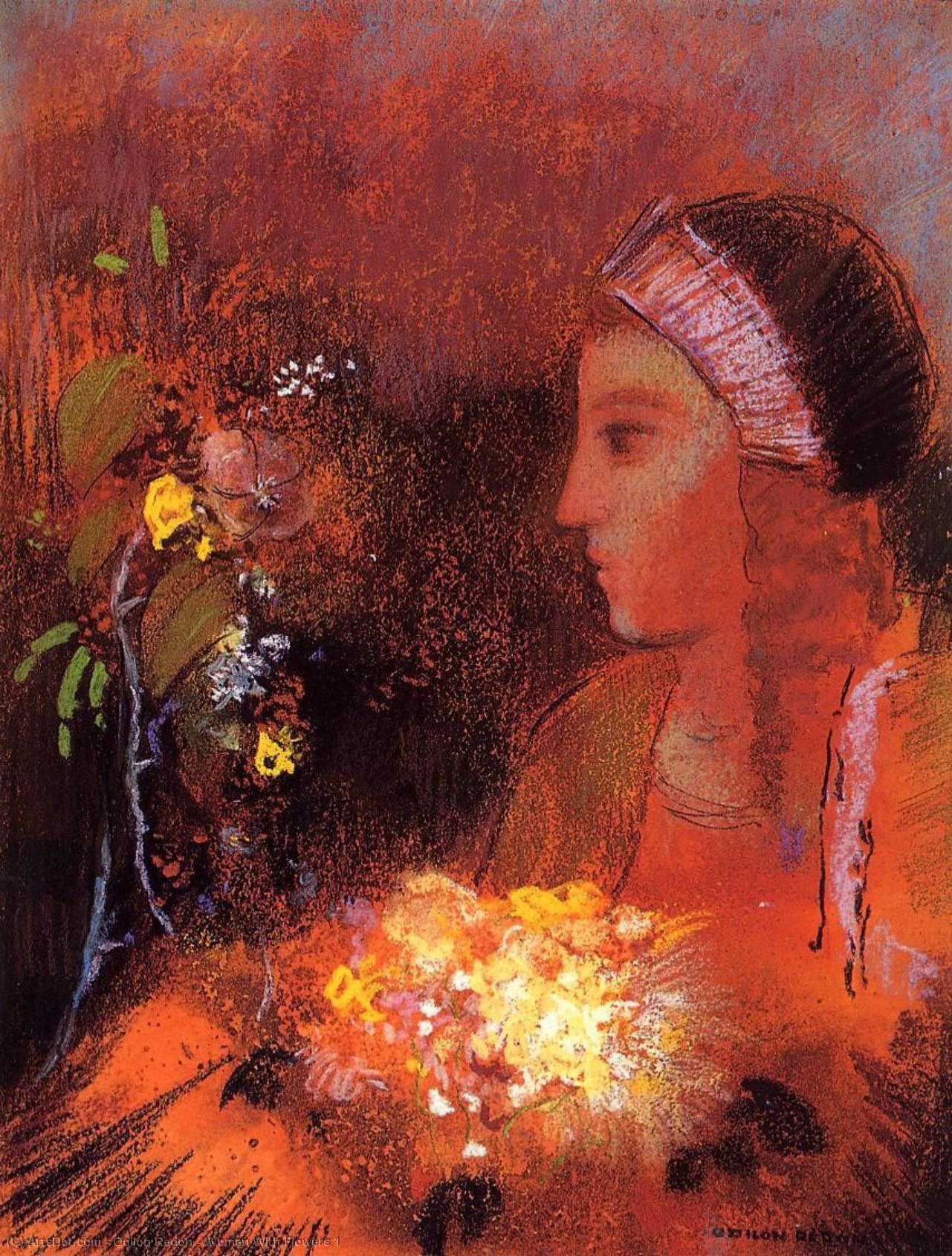 Wikioo.org - Bách khoa toàn thư về mỹ thuật - Vẽ tranh, Tác phẩm nghệ thuật Odilon Redon - Woman With Flowers 1