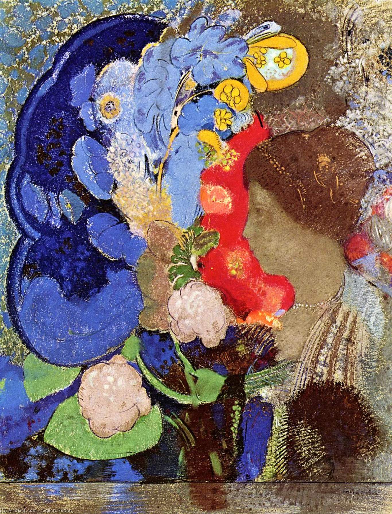Wikoo.org - موسوعة الفنون الجميلة - اللوحة، العمل الفني Odilon Redon - Woman with Flowers