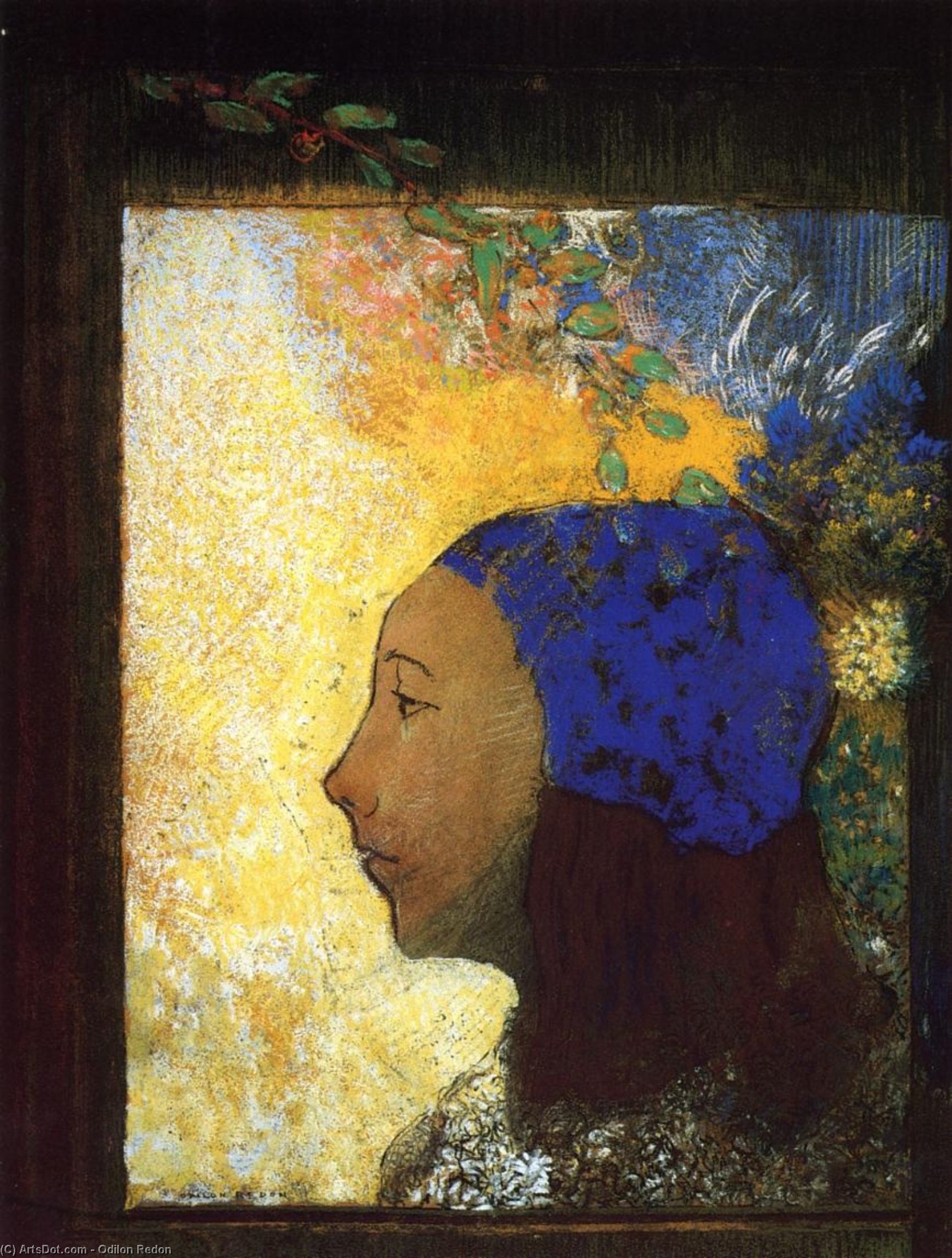 WikiOO.org - Encyclopedia of Fine Arts - Festés, Grafika Odilon Redon - Young Girl in a Blue Bonnet