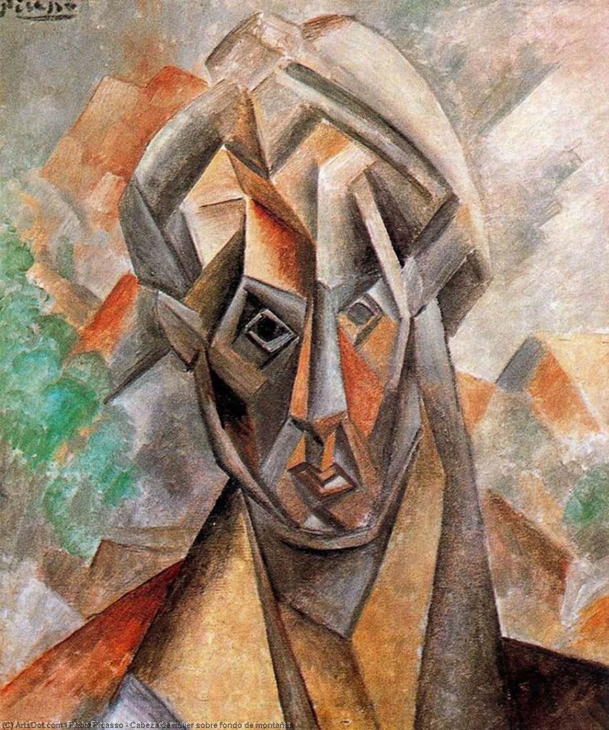 WikiOO.org - Encyclopedia of Fine Arts - Maalaus, taideteos Pablo Picasso - Cabeza de mujer sobre fondo de montañas
