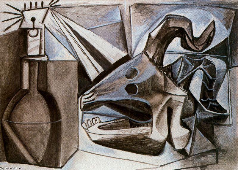 Wikioo.org - The Encyclopedia of Fine Arts - Painting, Artwork by Pablo Picasso - Cráneo de cabra, botella y vela