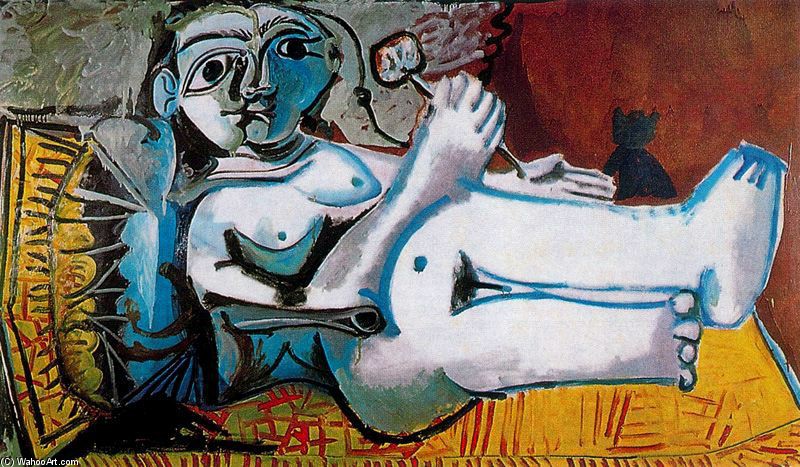 WikiOO.org - Encyclopedia of Fine Arts - Malba, Artwork Pablo Picasso - Desnudo acostado con flor y gato