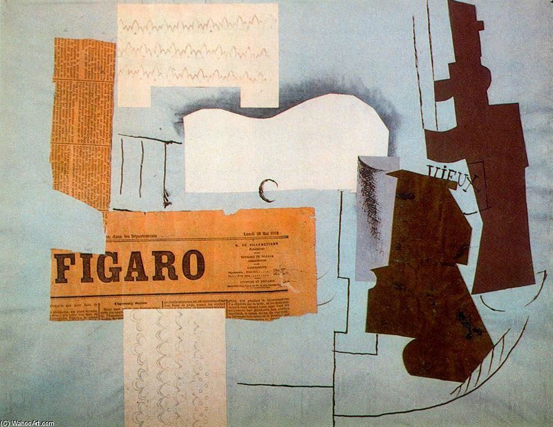 WikiOO.org - Encyclopedia of Fine Arts - Maleri, Artwork Pablo Picasso - Guitarra, periódico, vaso y botella