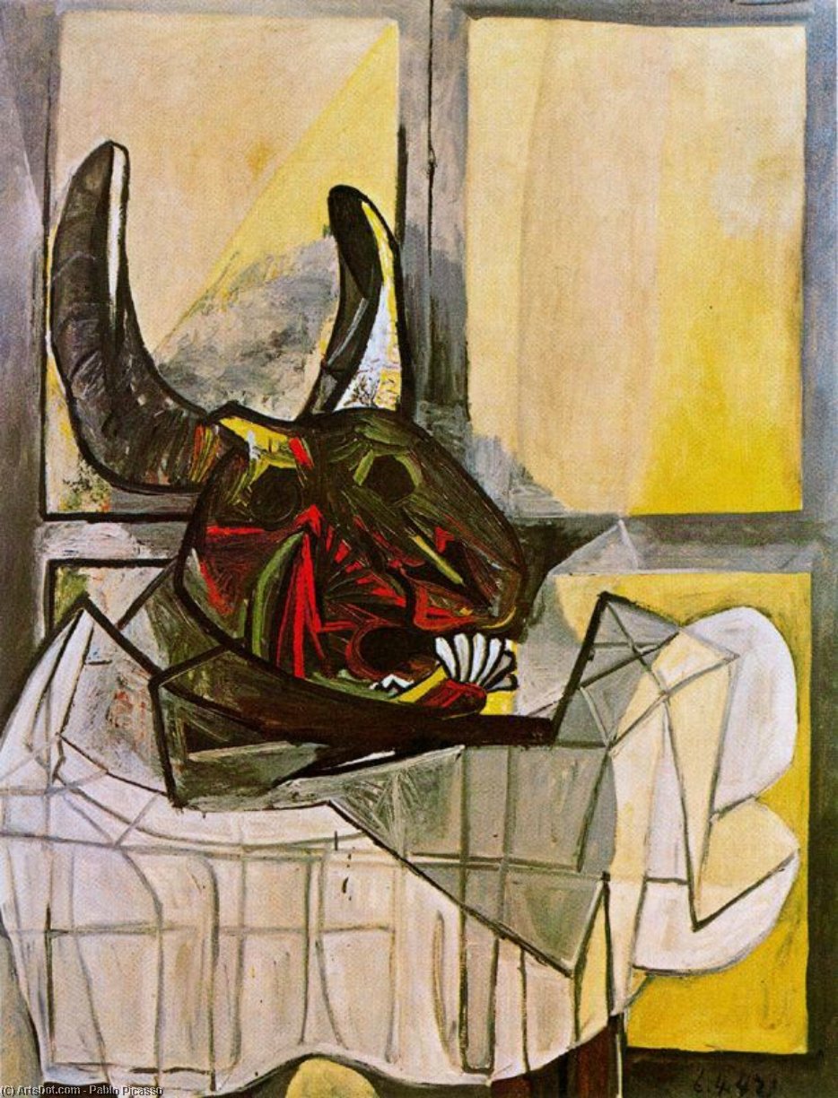 Wikioo.org – La Enciclopedia de las Bellas Artes - Pintura, Obras de arte de Pablo Picasso - cabeza de un toro en el mesa