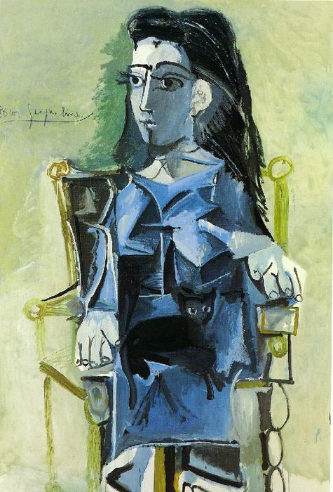 Wikioo.org – La Enciclopedia de las Bellas Artes - Pintura, Obras de arte de Pablo Picasso - Jacqueline sentado con ella gato
