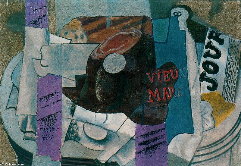 Wikioo.org - The Encyclopedia of Fine Arts - Painting, Artwork by Pablo Picasso - Jamón, copa, botella de ''Vieux Marc'', periódico