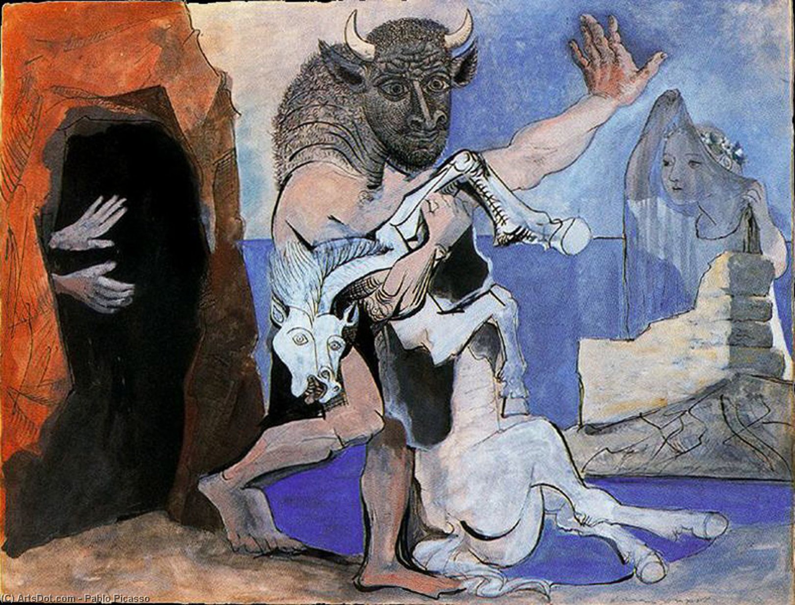 Wikioo.org – La Enciclopedia de las Bellas Artes - Pintura, Obras de arte de Pablo Picasso - Minotauro y yegua muerta delante delaware una gruta y niña estafa velo