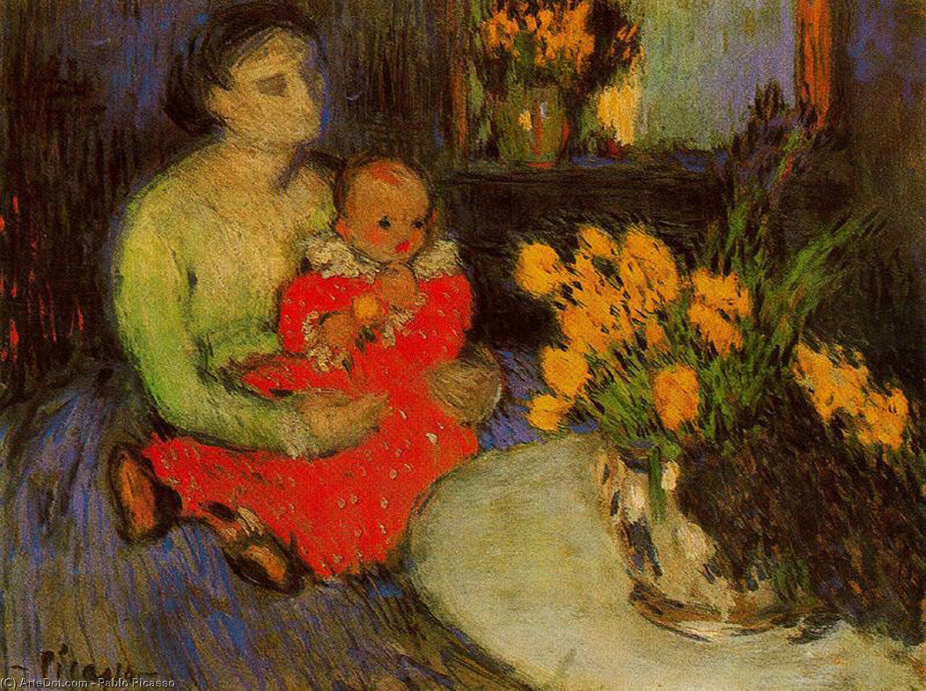 Wikioo.org - Encyklopedia Sztuk Pięknych - Malarstwo, Grafika Pablo Picasso - Mother and child with flowers