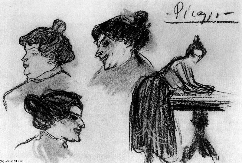 Wikioo.org - The Encyclopedia of Fine Arts - Painting, Artwork by Pablo Picasso - Mujer apoyándose en la mesa y tres rostros de perfil