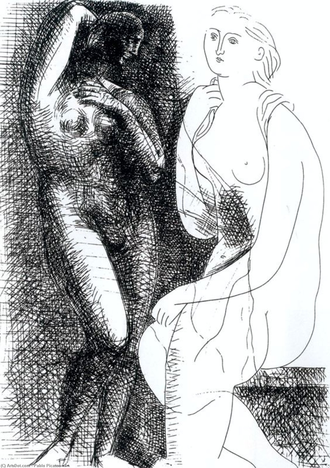 WikiOO.org - Encyclopedia of Fine Arts - Maleri, Artwork Pablo Picasso - Mujer desnuda delante de una estatua