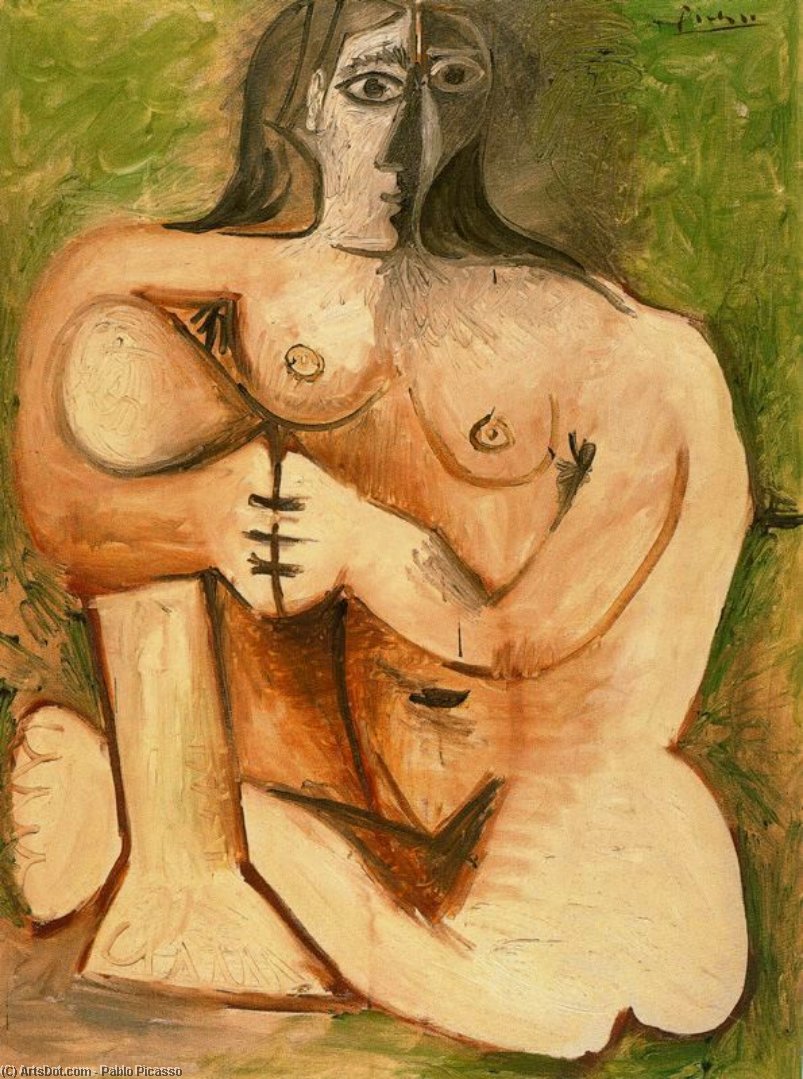 Wikoo.org - موسوعة الفنون الجميلة - اللوحة، العمل الفني Pablo Picasso - Mujer desnuda en cuclillas delante de un fondo verde