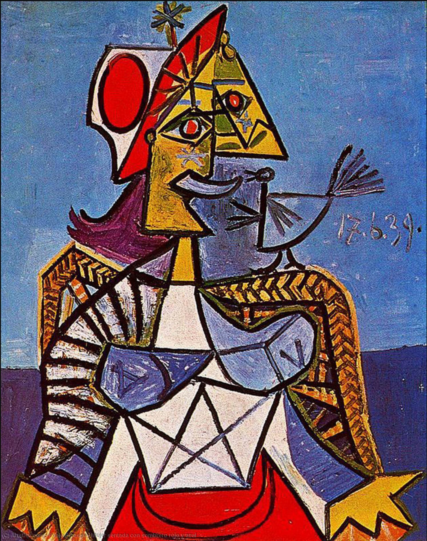 Wikioo.org – L'Encyclopédie des Beaux Arts - Peinture, Oeuvre de Pablo Picasso - Mujer sentada escroquerie sombrero rojo y azul
