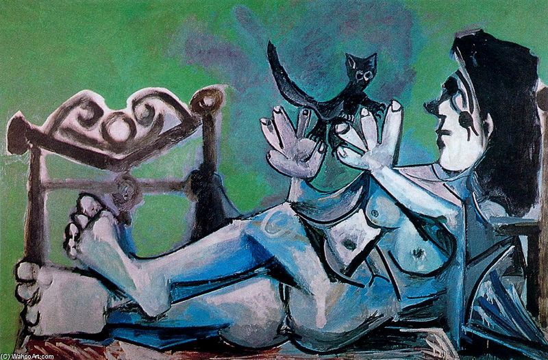 Wikioo.org - Die Enzyklopädie bildender Kunst - Malerei, Kunstwerk von Pablo Picasso - nackt frau spielen mit ein katze