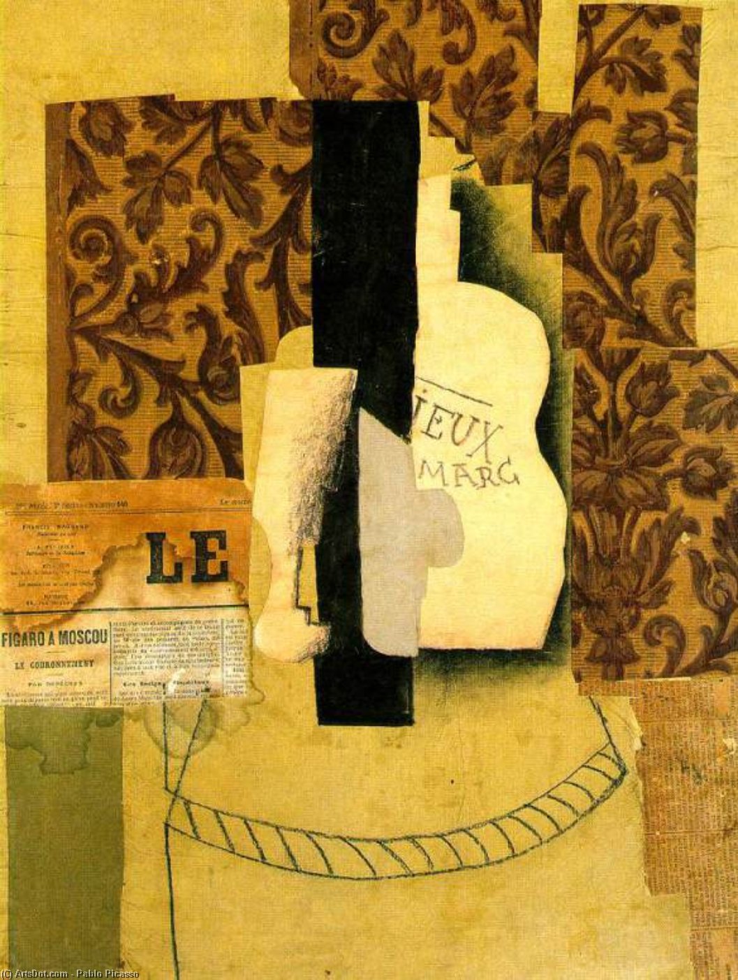 Wikoo.org - موسوعة الفنون الجميلة - اللوحة، العمل الفني Pablo Picasso - Naturaleza muerta con botella y vaso