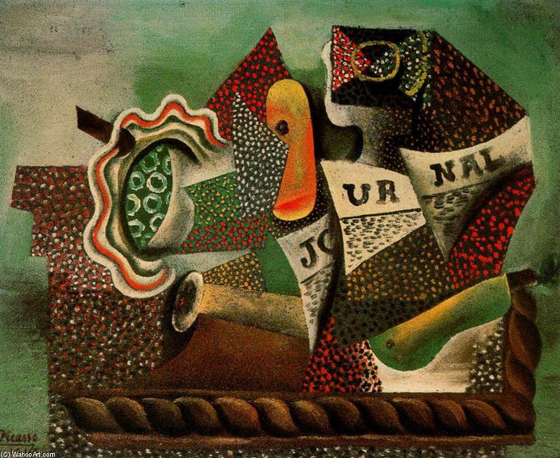 WikiOO.org - Encyclopedia of Fine Arts - Målning, konstverk Pablo Picasso - Naturaleza muerta con frutos, copa y periódico
