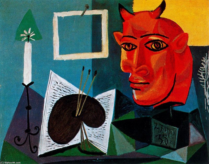 WikiOO.org - Encyclopedia of Fine Arts - Maleri, Artwork Pablo Picasso - Naturaleza muerta con vela, paleta y cabeza de minotauro roja