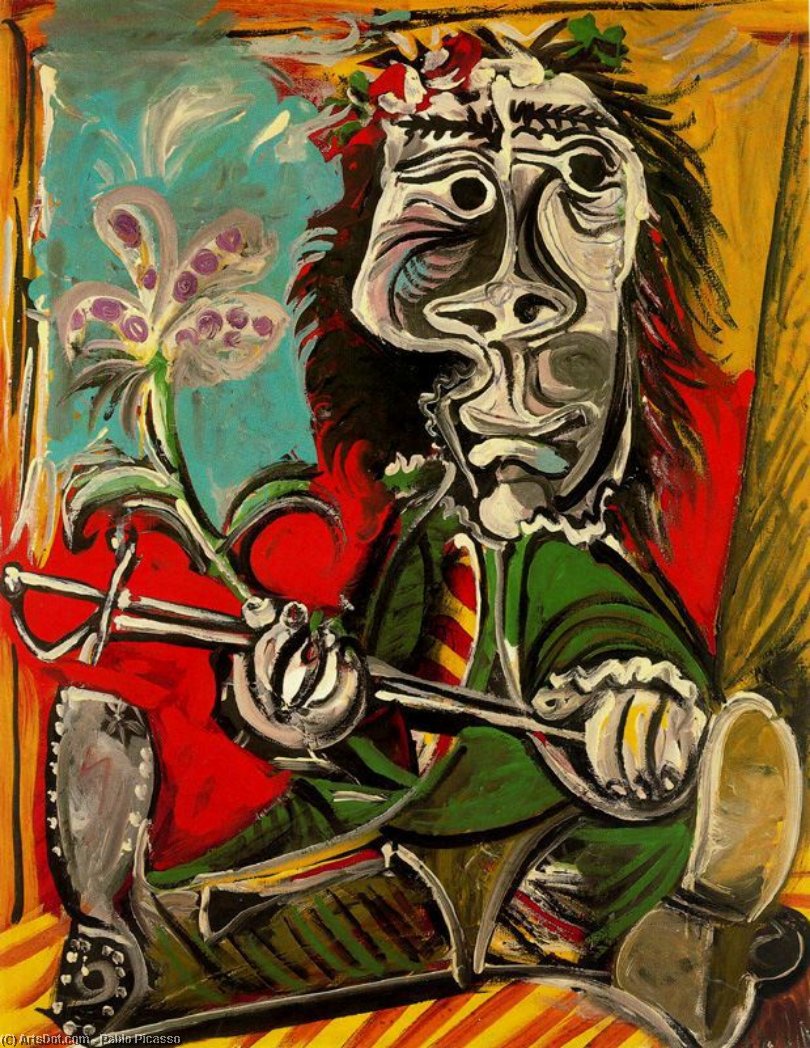 WikiOO.org - Энциклопедия изобразительного искусства - Живопись, Картины  Pablo Picasso - Сидящий мужчина с  меч  а также  цветочной