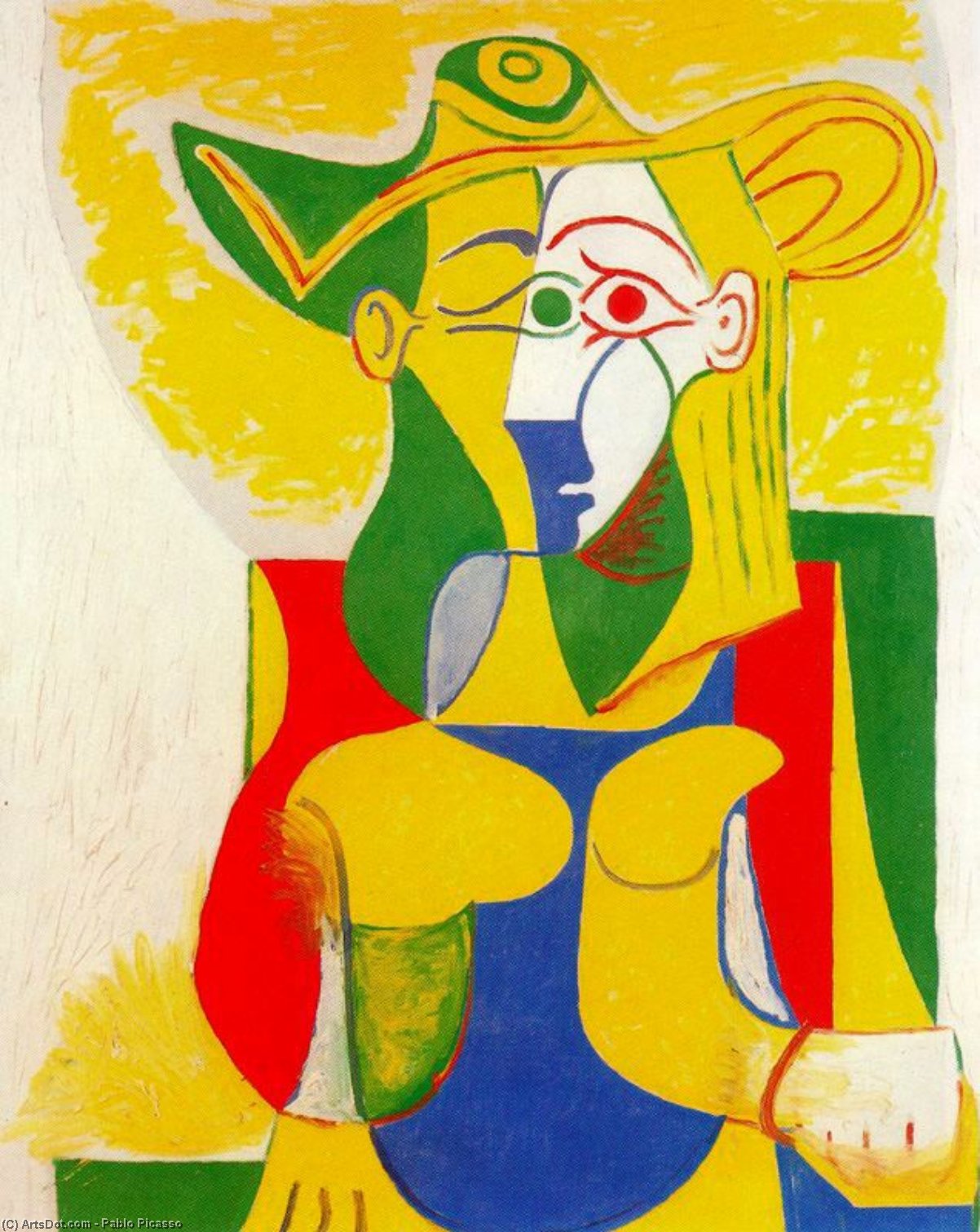 Wikioo.org - The Encyclopedia of Fine Arts - Painting, Artwork by Pablo Picasso - Seated Woman with yellow and green hat