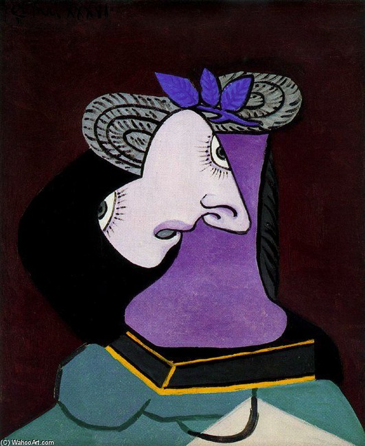 Wikioo.org - สารานุกรมวิจิตรศิลป์ - จิตรกรรม Pablo Picasso - Sombrero de paja con follaje azul