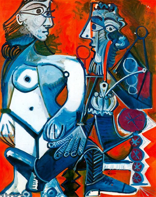 Wikioo.org - Die Enzyklopädie bildender Kunst - Malerei, Kunstwerk von Pablo Picasso - stehend nackte frau und mann sitzend mit rohr